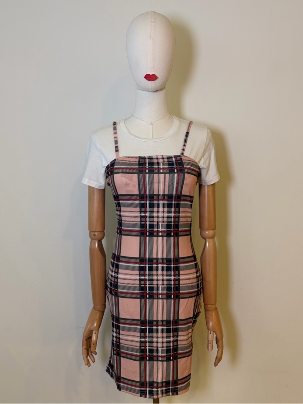 SHEIN Pink Plaid Bodycon Cami Dress with Side Slit - Size M